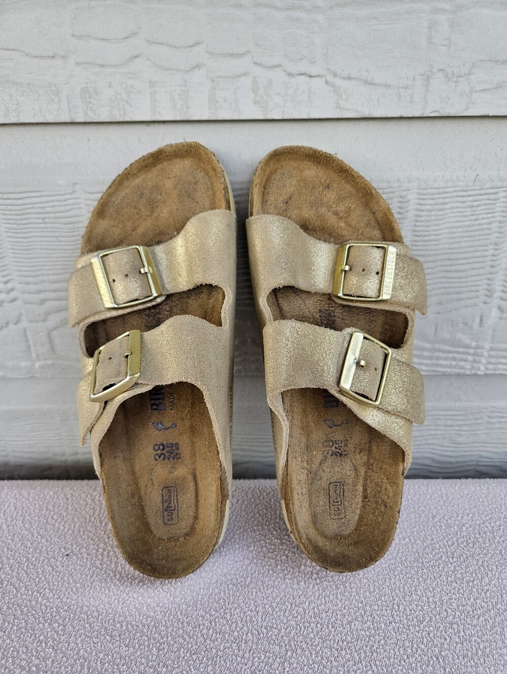 Birkenstock Arizona Slide Sandals Metallic Gold 38 Women SZ 7 Slip-On Leather